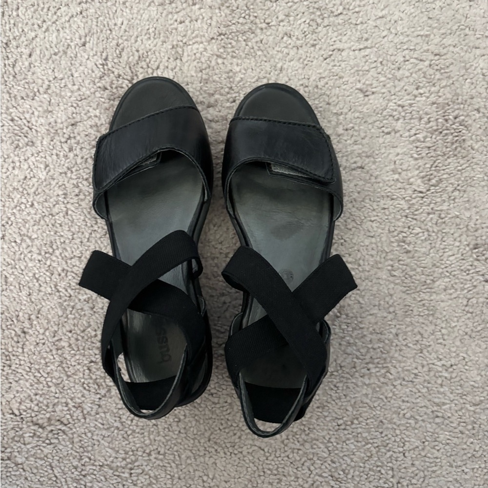 Bussola Zumaia Women Sandals 36 Black Leather Ankle‎ Strap Wedge Comfort